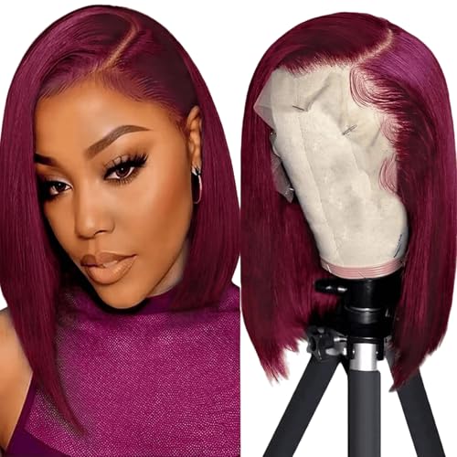 Iuscacey Lace Front Perücken 13X4 HD 99J Burgundergerade kurze Bob Perücke Echthaar Bob Perücken für schwarze Frauen vor gezupftem natürlichen Haaransatz,16inch von iuscacey