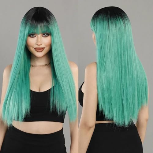 Iuscacey Lange hellbraune Highlight weiße Perücken mit Pony für Frauen Beliebte süße synthetische Perücke für tägliches Cosplay Halloween,Grün von iuscacey