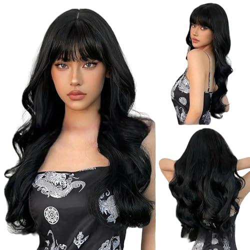 Iuscacey Lange lockige rosa rote synthetische Perücke mittlerer Teil der natürlichen Perücke für Frauen Daily Cosplay hitzebeständige Big Wave Perücke,Schwarz von iuscacey