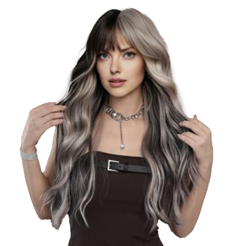 Iuscacey Langer Körper Wellige Silber Asche Haar Perücke Mit Pony Für Frauen Tägliche Party High Density Haar Ombre Perücken Hitzebeständige Faser von iuscacey