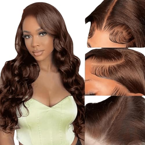 Iuscacey Mode Schokolade Braun Transparente Lace Front Perücke Echthaar für Frauen 180% Dichte Kastanienbraun 13X4 Körperwelle Lace Front Perücke,10inches von iuscacey