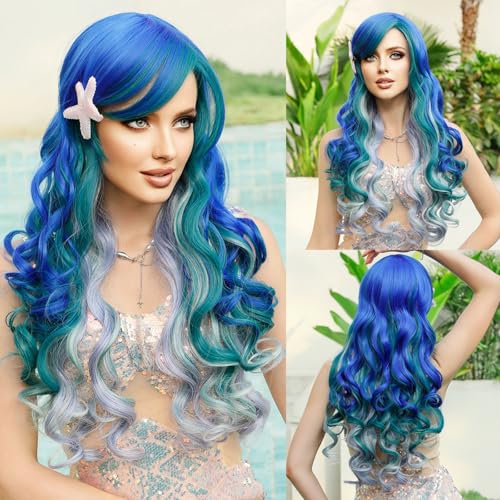 Iuscacey Ombre Blonde Perücke für Frauen Weihnachtskostüm Cosplay High Density Synthetische Layered Glatte Haarperücke mit Pony,Blue purple von iuscacey