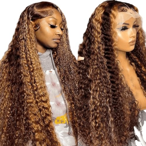 Iuscacey Water Wave Lace Front Perücke 13X4 Hdhighlight Braun Blonde Glueless Perücke Echthaar Bereit für Frauen Precut,18inches von iuscacey