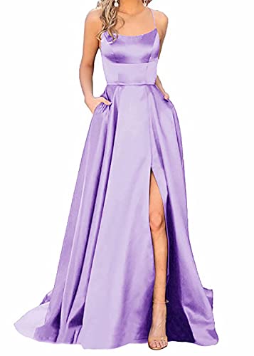 Ballkleider Damen Lang, Frauen Elegant Neckholder Backless Lang Kleider, A-Linie Criss-Cross Satin Spaghetti Party Prom Dress Seitenschlitz Hochzeit Abendparty Kleid mit Taschen von Earnmore