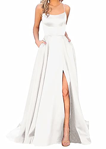 Ballkleider Damen Lang, Frauen Elegant Neckholder Backless Lang Kleider, A-Linie Criss-Cross Satin Spaghetti Party Prom Dress Seitenschlitz Hochzeit Abendparty Kleid mit Taschen von Earnmore