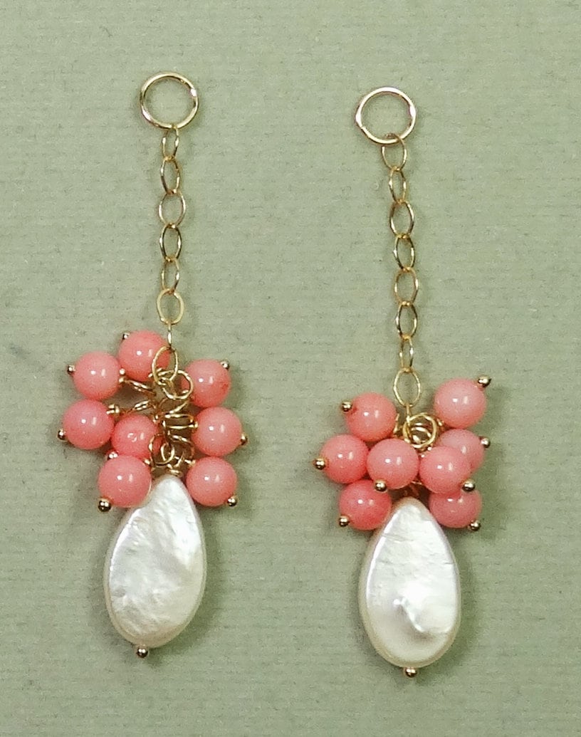 1, 5 ", 1, 75" Oder 2" Lachs Rosa Koralle & Perlen Austauschbare Cluster Ohrring Jacken Charme Solid Sterling 14K Gelbgold Gefüllt von ivorynjewels