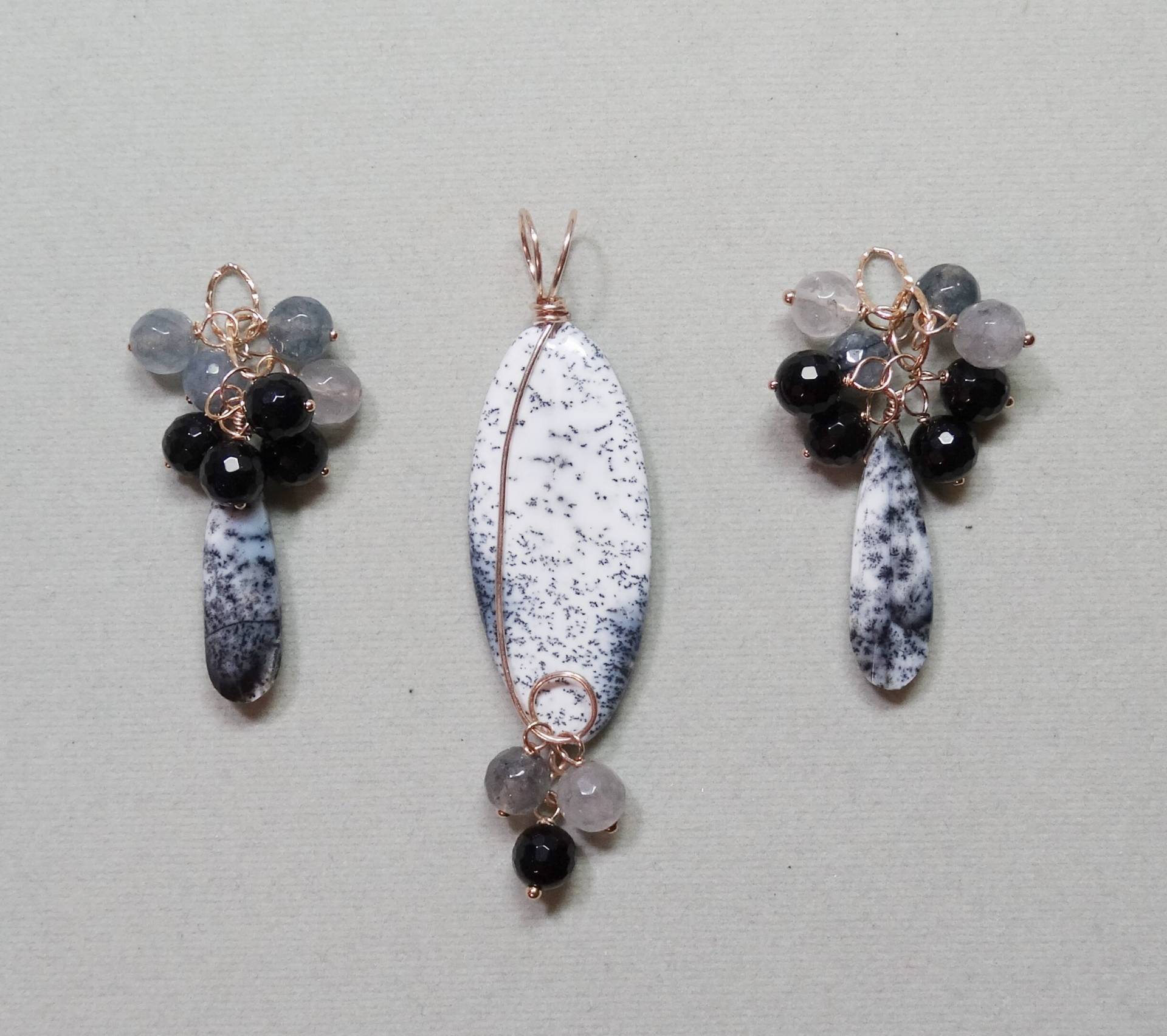 1 A Kind Set Dendrite Opal Slide Anhänger & Ohrring Charms 14K Yg Filled von ivorynjewels