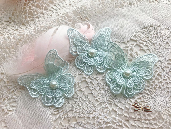 10 Stück 7, 27cm Breit Grau Aqua 3D Perle Schmetterling Organza Stickerei Spitze Applikationen Patches L14C8 von ivyverynice