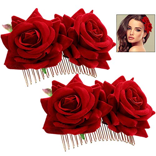 iwobi Damen Rose Blume Handarbeit Haarspange,Braut Rose Blume Haarkamm Haarschmuck für Hochzeit Party Halloween Karneval Maskerade(Rot) von iwobi