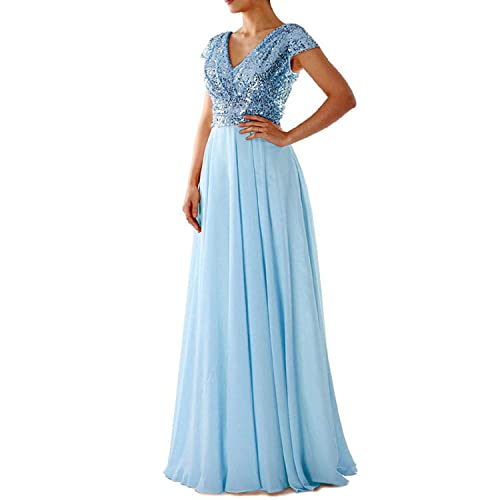 iyoimono Damen Abendkleider Elegant für Hochzeit Cocktailkleid Paillettenkleid Ballkleider Maxilang Damen Elegant Kurzarm Rundhals Vintage Hochzeit Chiffon Faltenrock Langes Kleid(02 Himmelblau,L) von iyoimono