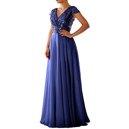 iyoimono Damen Abendkleider Elegant für Hochzeit Cocktailkleid Paillettenkleid Ballkleider Maxilang Damen Elegant Kurzarm Rundhals Vintage Hochzeit Chiffon Faltenrock Langes Kleid(02 Marineblau,L) von iyoimono