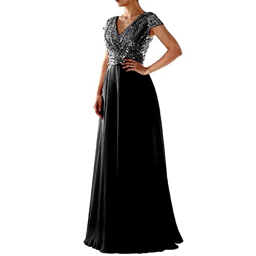 iyoimono Damen Abendkleider Elegant für Hochzeit Cocktailkleid Paillettenkleid Ballkleider Maxilang Damen Elegant Kurzarm Rundhals Vintage Hochzeit Chiffon Faltenrock Langes Kleid(02 Schwarz,L) von iyoimono