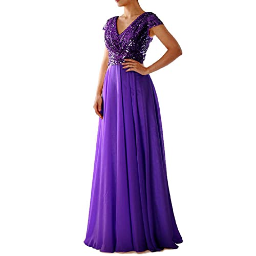 iyoimono Damen Abendkleider Elegant für Hochzeit Cocktailkleid Paillettenkleid Ballkleider Maxilang Damen Elegant Kurzarm Rundhals Vintage Hochzeit Chiffon Faltenrock Langes Kleid(02 Violett,M) von iyoimono