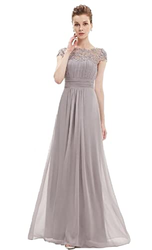 iyoimono Damen Abendkleider Elegant für Hochzeit Cocktailkleid Spitzen Ballkleider Maxilang Damen Ärmellos Rundhals Vintage Spitzenkleid Hochzeit Chiffon Faltenrock Langes Kleid（Silber-Grau,L） von iyoimono
