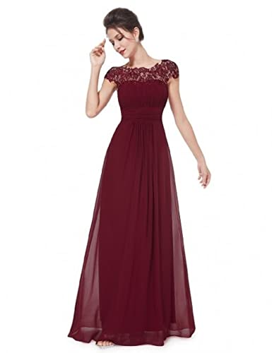iyoimono Damen Abendkleider Elegant für Hochzeit Cocktailkleid Spitzen Ballkleider Maxilang Damen Elegant Ärmellos Rundhals Vintage Spitzenkleid Hochzeit Chiffon Faltenrock Langes Kleid（Rotwein,M） von iyoimono