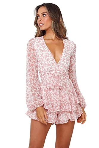 iyoimono Damen Boho Jumpsuit Sommer Blumen Mini Sommer kleider Tüll lange Ärmel V-Ausschnitt Kurz Overall Playsuit(Rosa blumen,S) von iyoimono