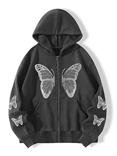 iyoimono Damen Hoodie Jacke Oversize Vintage Reißverschluss Kapuzenjacke Zip Up Kapuzenpullover Butterfly Print Hoodie Sweatshirt mit Kapuze 90er Y2K E-Girl Übergangsjacke(Dunkelgrau,XL) von iyoimono