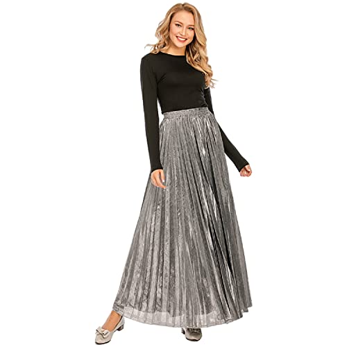 iyoimono Damen Lang A-Linie Plisseerock Maxi Faltenrock Female Maxirock Faltendetail Festliche Röck Strandrock mit Hoher Taille Lange Sommerrock Vintage Rock Goldenes Seiden Rock（Silber，XXL） von iyoimono