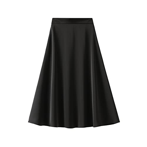 iyoimono Damen Satin Midi Rock Basic Kontur Beiläufig Schlichter Rock A Linie Retro Rock Eleganter Hoher Taillen Satin Rock Casual Einfarbiger Knielang Rock（Schwarz,L） von iyoimono