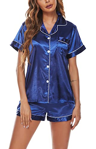 iyoimono Damen Schlafanzug Pyjama Satin Kurz Nachtwäsche Set Klassische Loungewear Silk Kurzarm Button-Down Nachtwäsche Hosen Nachtkleid Lingerie Lounge-Mode（Blau，L） von iyoimono