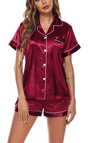 iyoimono Damen Schlafanzug Pyjama Satin Kurz Nachtwäsche Set Klassische Loungewear Silk Kurzarm Button-Down Nachtwäsche Hosen Nachtkleid Lingerie Lounge-Mode（Rot，S） von iyoimono