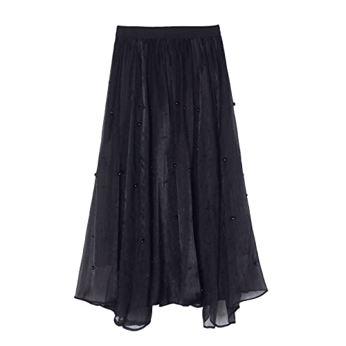 iyoimono Damen Tüllrock Falten Rock Höhe Taille A Line Mesh Freizeit Fashion Skirt Spitze Rock Midi Plisseerock Lässig Frühlingsrock（6802 Schwarz） von iyoimono