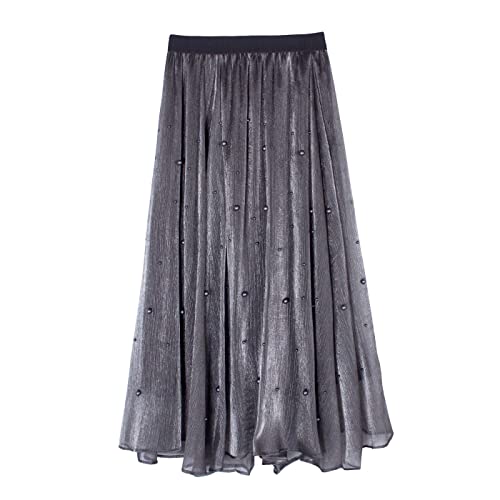 iyoimono Damen Tüllrock Falten Rock Höhe Taille A Line Mesh Freizeit Fashion Skirt Spitze Rock Midi Plisseerock Lässig Frühlingsrock（6802 Silber-Grau） von iyoimono