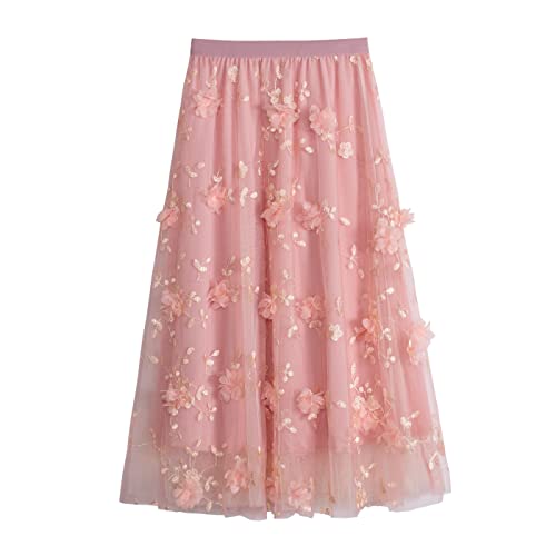 iyoimono Damen Tüllrock Falten Rock Höhe Taille A Line Mesh Freizeit Fashion Skirt Spitze Rock Midi Plisseerock Lässig Frühlingsrock（6803 Rosa） von iyoimono