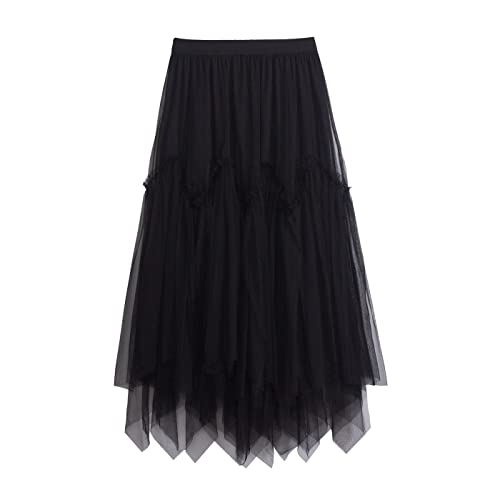 iyoimono Damen Tüllrock Falten Rock Höhe Taille A Line Mesh Freizeit Fashion Skirt Spitze Rock Midi Plisseerock Lässig Frühlingsrock（6804 Schwarz） von iyoimono