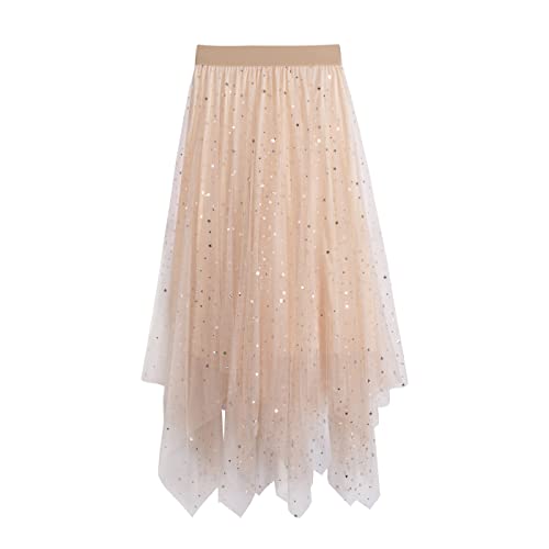 iyoimono Damen Tüllrock Falten Rock Höhe Taille A Line Mesh Freizeit Fashion Skirt Spitze Rock Midi Plisseerock Lässig Frühlingsrock（6806 Elfenbein） von iyoimono