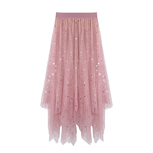 iyoimono Damen Tüllrock Falten Rock Höhe Taille A Line Mesh Freizeit Fashion Skirt Spitze Rock Midi Plisseerock Lässig Frühlingsrock（6806 Rosa） von iyoimono