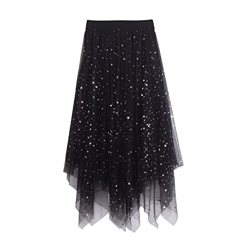 iyoimono Damen Tüllrock Falten Rock Höhe Taille A Line Mesh Freizeit Fashion Skirt Spitze Rock Midi Plisseerock Lässig Frühlingsrock（6806 Schwarz） von iyoimono