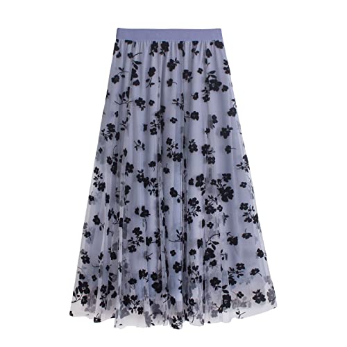 iyoimono Damen Tüllrock Falten Rock Höhe Taille A Line Mesh Freizeit Fashion Skirt Spitze Rock Midi Plisseerock Lässig Frühlingsrock（6809 Blau） von iyoimono