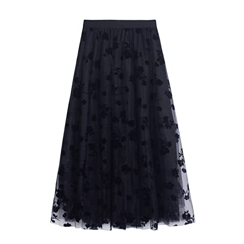 iyoimono Damen Tüllrock Falten Rock Höhe Taille A Line Mesh Freizeit Fashion Skirt Spitze Rock Midi Plisseerock Lässig Frühlingsrock（6809 Schwarz） von iyoimono