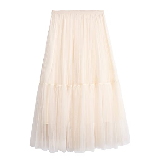 iyoimono Damen Tüllrock Falten Rock Höhe Taille A Line Mesh Freizeit Fashion Skirt Spitze Rock Midi Plisseerock Lässig Frühlingsrock（6813 Beige） von iyoimono