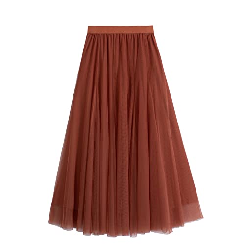 iyoimono Damen Tüllrock Falten Rock Höhe Taille A Line Mesh Freizeit Fashion Skirt Spitze Rock Midi Plisseerock Lässig Frühlingsrock（Braun） von iyoimono