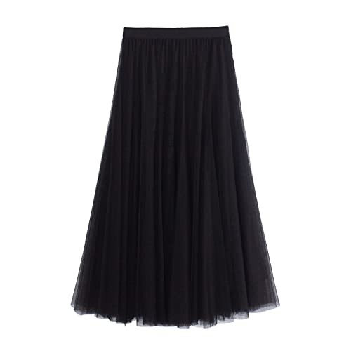 iyoimono Damen Tüllrock Falten Rock Höhe Taille A Line Mesh Freizeit Fashion Skirt Spitze Rock Midi Plisseerock Lässig Frühlingsrock（Schwarz） von iyoimono