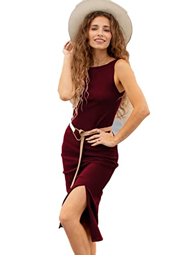 iyoimono Damen ärmelloskleid Einfarbig Sommerkleider Midi Lang Freizeitkleider Schmaler Hüftkleid Schlitz Rock Hohler Kleid(Rotwein,M) von iyoimono