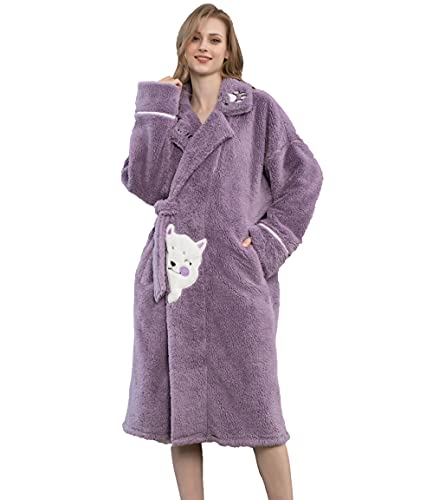 iyoimono Herren Damen Bademantel Morgenmantel mit Kapuze Flanell Saunamantel Vlies Trenchcoat Schlafanzug Coral Fleece Roben Nachthemd Lange Bademäntel Weich Nachtwäsch (Katze lila,M) von iyoimono