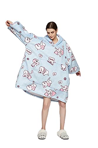 iyoimono Hoodie Decke für Damen Flanell Fleece Pullover Sweatshirt Decke Flauschige Sherpa TV-Decke mit Ärmeln Übergroße Kapuzen Pullover Kuscheldecke Einheitsgröße（Blau grau Elefant） von iyoimono