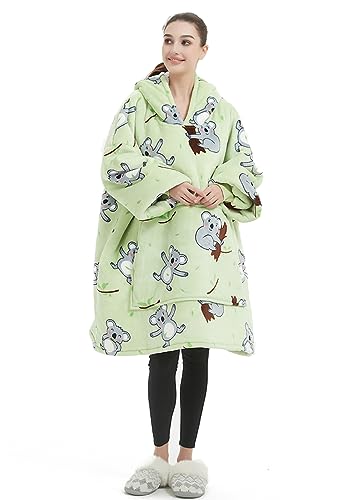 iyoimono Hoodie Decke für Damen Flanell Fleece Pullover Sweatshirt Decke Flauschige Sherpa TV-Decke mit Ärmeln Übergroße Kapuzen Pullover Kuscheldecke Einheitsgröße（Grüner Koala） von iyoimono