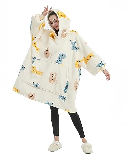 iyoimono Hoodie Decke für Damen Flanell Fleece Pullover Sweatshirt Decke Flauschige Sherpa TV-Decke mit Ärmeln Übergroße Kapuzen Pullover Kuscheldecke Einheitsgröße（Weißer Dackel） von iyoimono