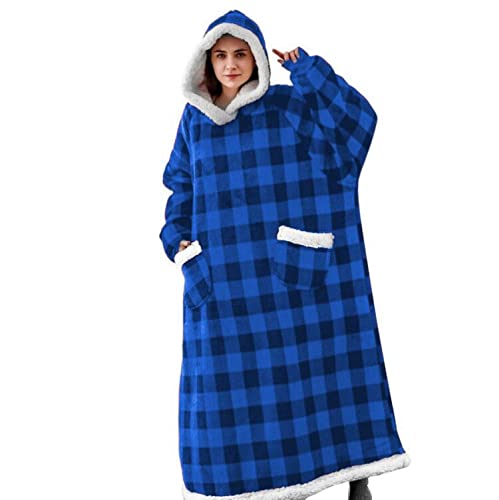 iyoimono Hoodie Decke für DamenHerren Flanell Fleece Oversized Kapuzen Pullover Sweatshirt Kuscheldecke Flauschige Sherpa TV-Decke mit Ärmeln Übergroße Ganzkörperdecke(Blau schwarz Gitter,150cm) von iyoimono