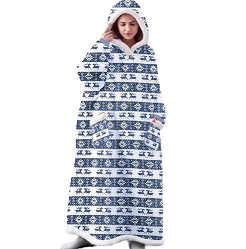 iyoimono Hoodie Decke für DamenHerren Flanell Fleece Oversized Kapuzen Pullover Sweatshirt Kuscheldecke Flauschige Sherpa TV-Decke mit Ärmeln Übergroße Ganzkörperdecke(Blaue Weihnachten,150cm) von iyoimono