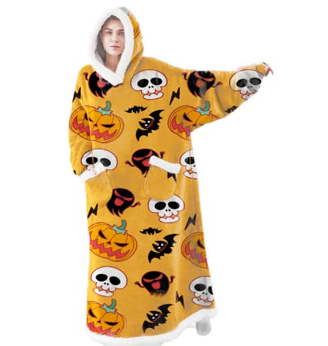 iyoimono Hoodie Decke für DamenHerren Flanell Fleece Oversized Kapuzen Pullover Sweatshirt Kuscheldecke Flauschige Sherpa TV-Decke mit Ärmeln Übergroße Ganzkörperdecke(Gelber Halloween-Kürbis,150cm) von iyoimono