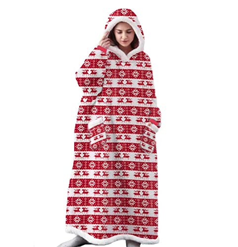 iyoimono Hoodie Decke für DamenHerren Flanell Fleece Oversized Kapuzen Pullover Sweatshirt Kuscheldecke Flauschige Sherpa TV-Decke mit Ärmeln Übergroße Ganzkörperdecke(Rote Weihnachten,150cm) von iyoimono