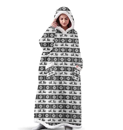 iyoimono Hoodie Decke für DamenHerren Flanell Fleece Oversized Kapuzen Pullover Sweatshirt Kuscheldecke Flauschige Sherpa TV-Decke mit Ärmeln Übergroße Ganzkörperdecke(Schwarze Weihnachten,150cm) von iyoimono