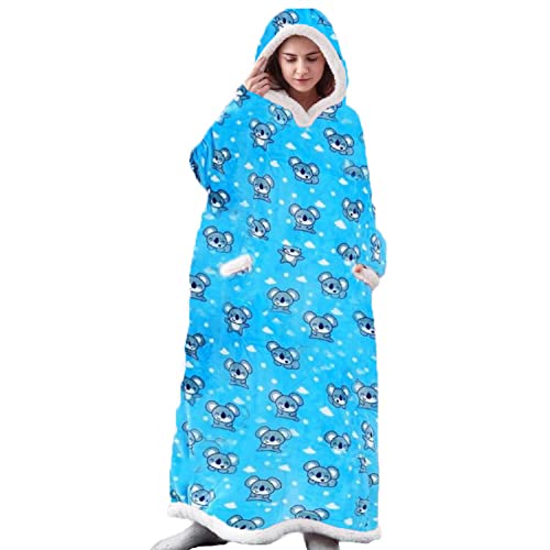 iyoimono Hoodie Decke für DamenHerren Flanell Fleece Oversized Kapuzen Pullover Sweatshirt Kuscheldecke Flauschige Sherpa TV-Decke mit Ärmeln Übergroße Tragbar Ganzkörperdecke(Blauer Koala,150cm) von iyoimono
