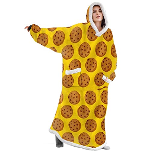 iyoimono Hoodie Decke für Damen Herren Flanell Fleece Oversized Weich Pullover Sweatshirt Kuscheldecke Flauschige Sherpa TV-Decke mit Ärmeln Übergroße Tragbar Ganzkörperdecke (Gelbe Kekse, 120cm) von iyoimono
