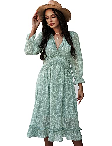 iyoimono Kleid Damen Sommer Lange Kleid Chiffon Rüschen mit Tief V-Ausschnitt Sommerkleid Blumendruck Elegant Vintage Cocktailkleid Strandkleid Blusenkleid von iyoimono